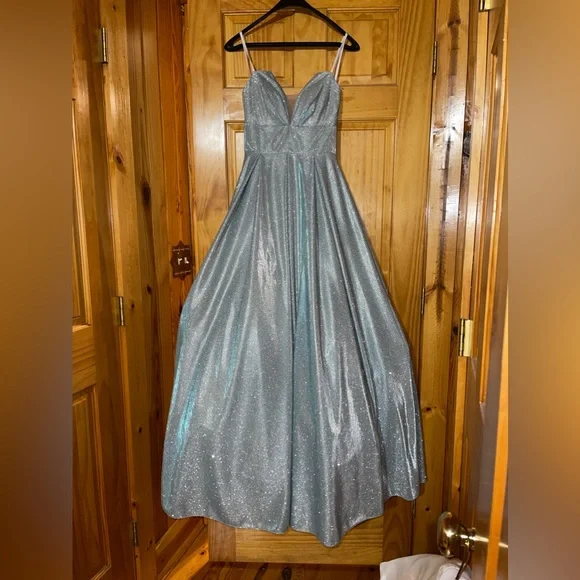 light blue sparkly dresses Long Light Blue V-Neck Iridescent Prom Dresses Sequins Cheap Formal Dr main image 0